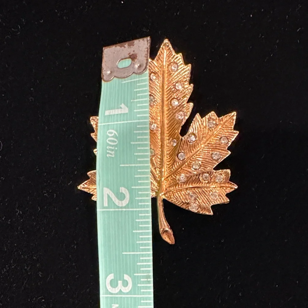 Gold Leaf Brooch with Rhinestone Accents